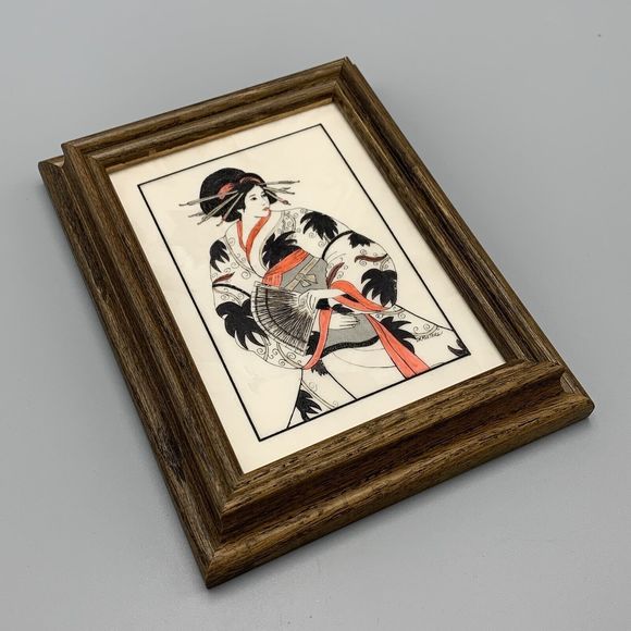 Framed Geisha Girl in Kimono Robe Fan Etched Art D R Mueller Signed Faux Marble - Picture 10 of 14